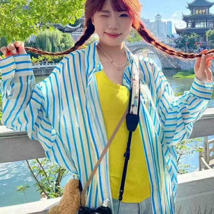 한국 스타일 여름 루즈핏 스트라이프 셔츠 루즈핏 하라주쿠 스타일 패션 긴팔 다용도 자외선 차단 의류 여성 셔츠 셔츠