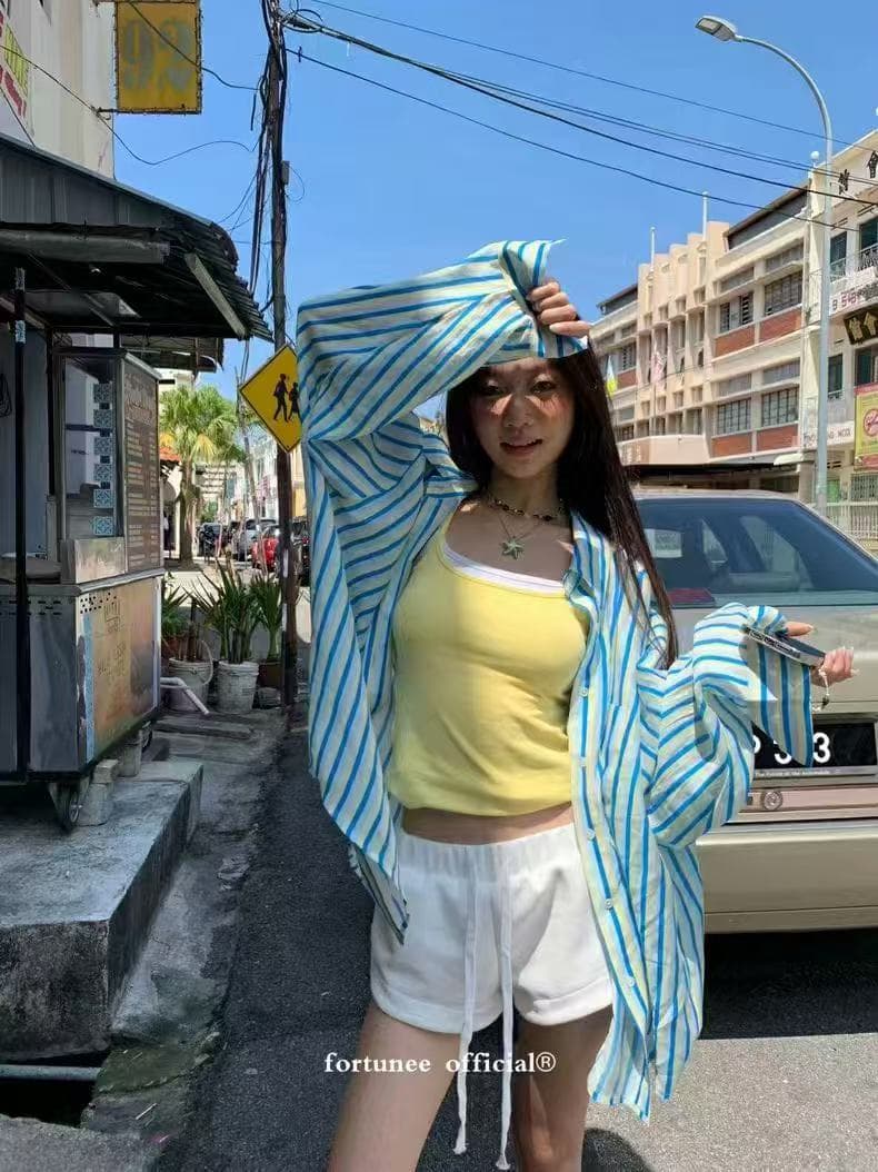 한국 스타일 여름 루즈핏 스트라이프 셔츠 루즈핏 하라주쿠 스타일 패션 긴팔 다용도 자외선 차단 의류 여성 셔츠 셔츠 상세 이미지 5