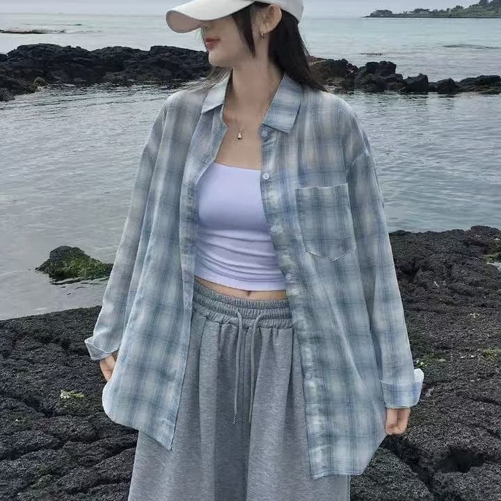 한국 스타일 여름 얇은 스타일 격자 무늬 셔츠 루즈핏 캐주얼 하라주쿠 스타일 레트로 맨위 여성 자외선 차단 의류 다용도 재킷