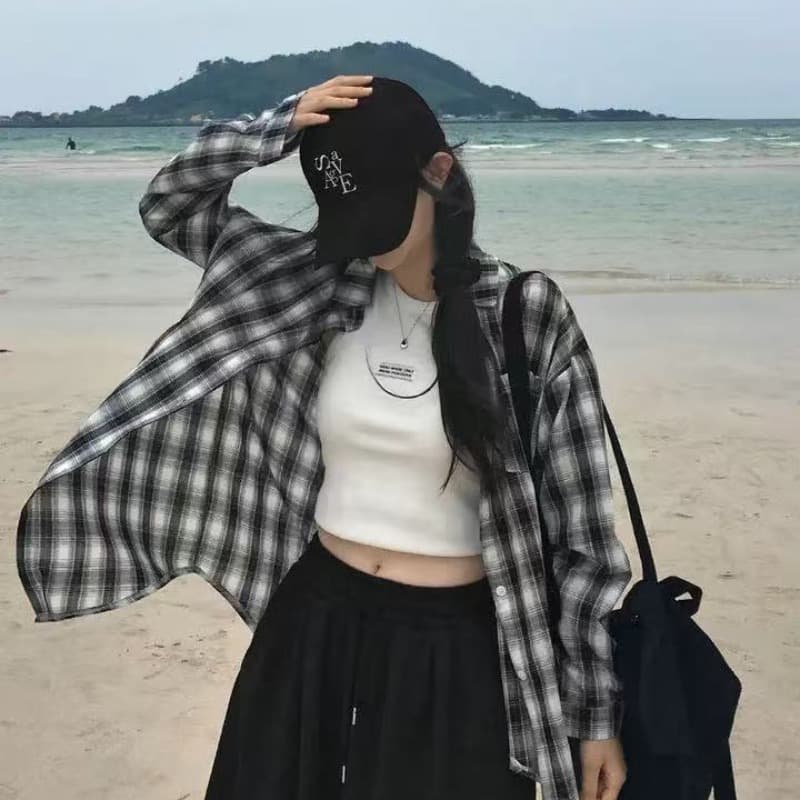 한국 스타일 여름 얇은 스타일 격자 무늬 셔츠 루즈핏 캐주얼 하라주쿠 스타일 레트로 맨위 여성 자외선 차단 의류 다용도 재킷 이미지 5