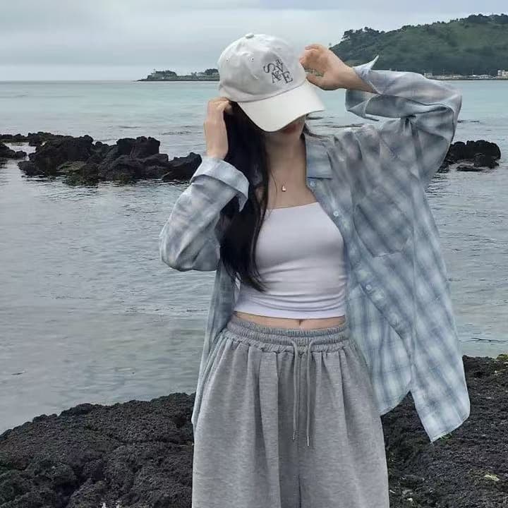 한국 스타일 여름 얇은 스타일 격자 무늬 셔츠 루즈핏 캐주얼 하라주쿠 스타일 레트로 맨위 여성 자외선 차단 의류 다용도 재킷 이미지 4