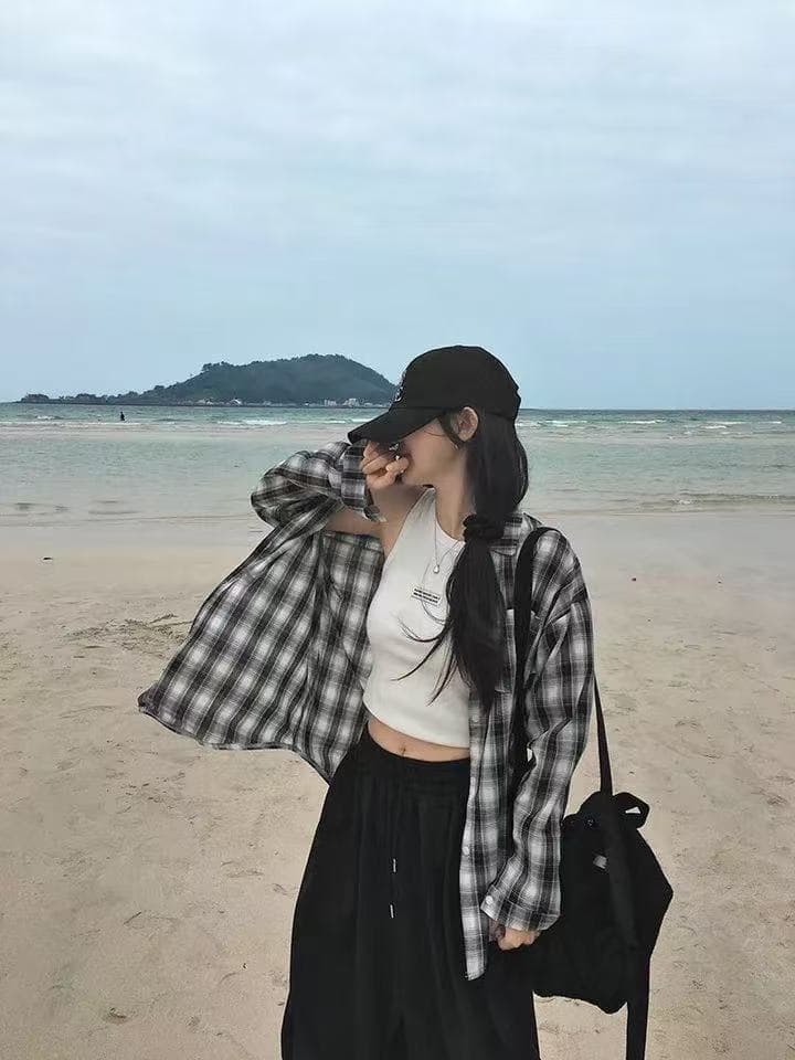 한국 스타일 여름 얇은 스타일 격자 무늬 셔츠 루즈핏 캐주얼 하라주쿠 스타일 레트로 맨위 여성 자외선 차단 의류 다용도 재킷 상세 이미지 1