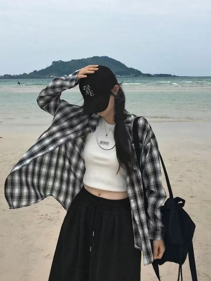 한국 스타일 여름 얇은 스타일 격자 무늬 셔츠 루즈핏 캐주얼 하라주쿠 스타일 레트로 맨위 여성 자외선 차단 의류 다용도 재킷 상세 이미지 3