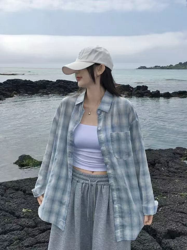 한국 스타일 여름 얇은 스타일 격자 무늬 셔츠 루즈핏 캐주얼 하라주쿠 스타일 레트로 맨위 여성 자외선 차단 의류 다용도 재킷 상세 이미지 6