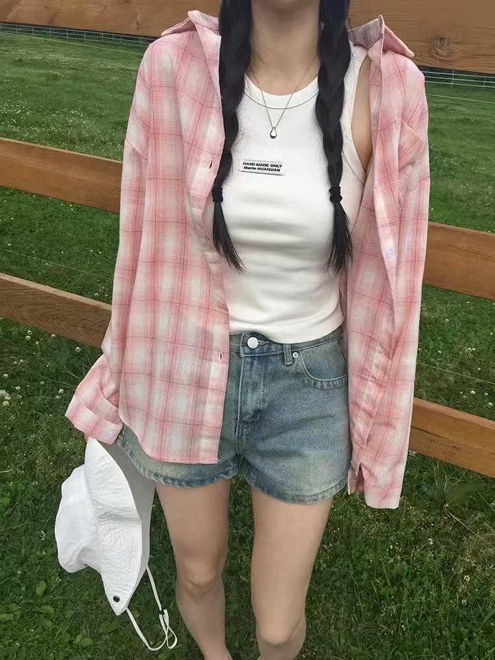 한국 스타일 여름 얇은 스타일 격자 무늬 셔츠 루즈핏 캐주얼 하라주쿠 스타일 레트로 맨위 여성 자외선 차단 의류 다용도 재킷 상세 이미지 7