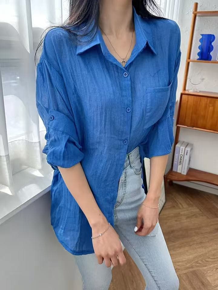 한국 스타일 여름 얇은 스타일 루즈핏 자외선 차단 의류 여성 레저 사탕 색상 셔츠 캐주얼 긴팔 작은 대중 재킷 여성 셔츠 이미지 4