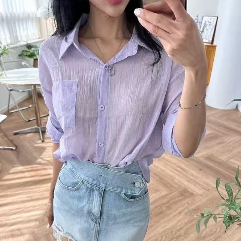 한국 스타일 여름 얇은 스타일 루즈핏 자외선 차단 의류 여성 레저 사탕 색상 셔츠 캐주얼 긴팔 작은 대중 재킷 여성 셔츠 이미지 5