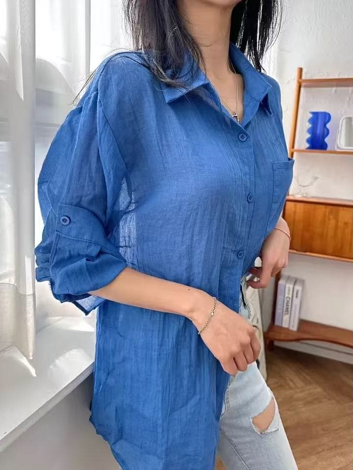 한국 스타일 여름 얇은 스타일 루즈핏 자외선 차단 의류 여성 레저 사탕 색상 셔츠 캐주얼 긴팔 작은 대중 재킷 여성 셔츠 상세 이미지 2