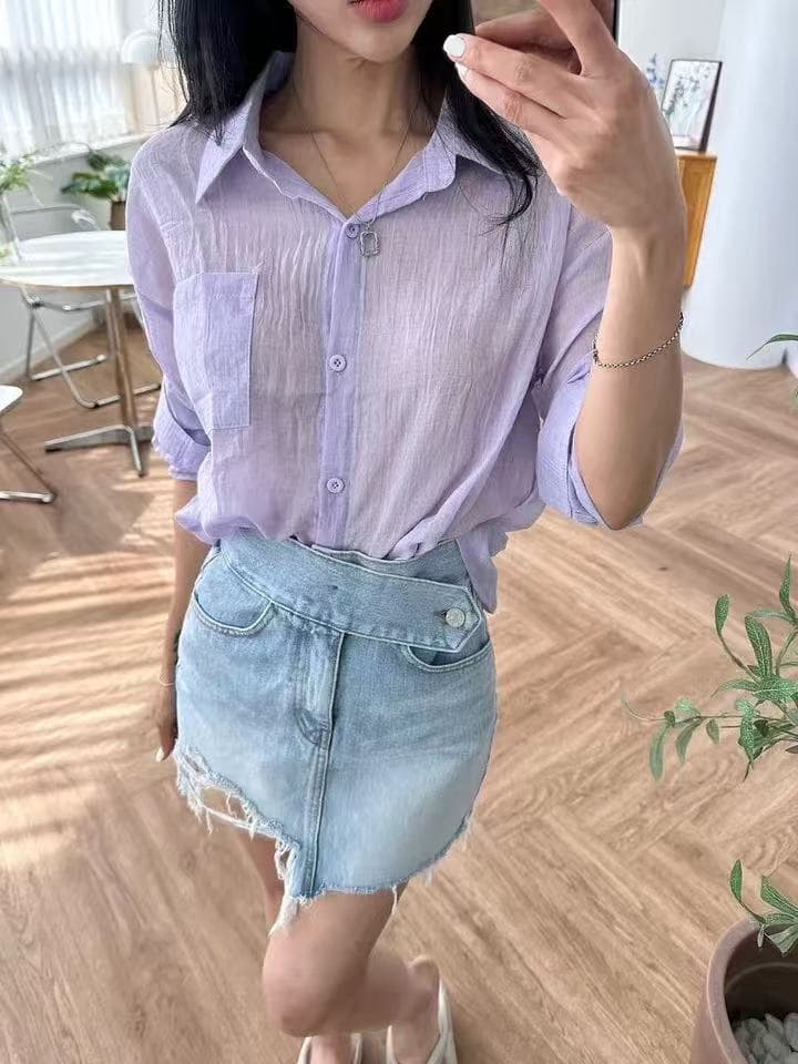 한국 스타일 여름 얇은 스타일 루즈핏 자외선 차단 의류 여성 레저 사탕 색상 셔츠 캐주얼 긴팔 작은 대중 재킷 여성 셔츠 상세 이미지 6
