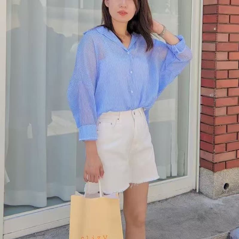 한국 스타일 여름 스트라이프 셔츠 얇은 스타일 자외선 차단 의류 여성 루즈핏 디자인 센스 맨위 작은 대중 긴팔 여성 코트 셔츠 이미지 5