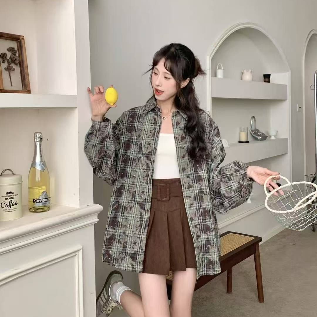 한국 스타일 봄 가을 디자인 센스 낙서 핫픽스 격자 무늬 셔츠 하라주쿠 스타일 루즈핏 셔츠 다용도 긴팔 여성 코트 이미지 5