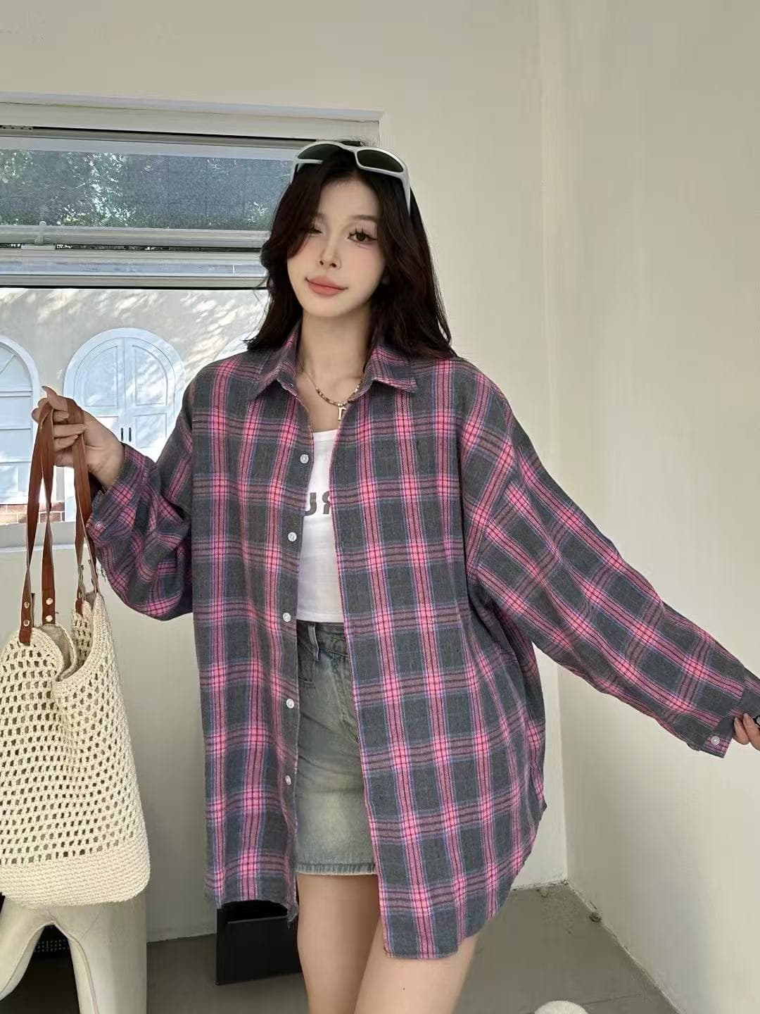 한국 스타일 봄 가을 빅 사이즈 루즈핏 격자 무늬 셔츠 하라주쿠 스타일 다용도 캐주얼 게으른 바람 재킷 여성 셔츠 셔츠 트렌디