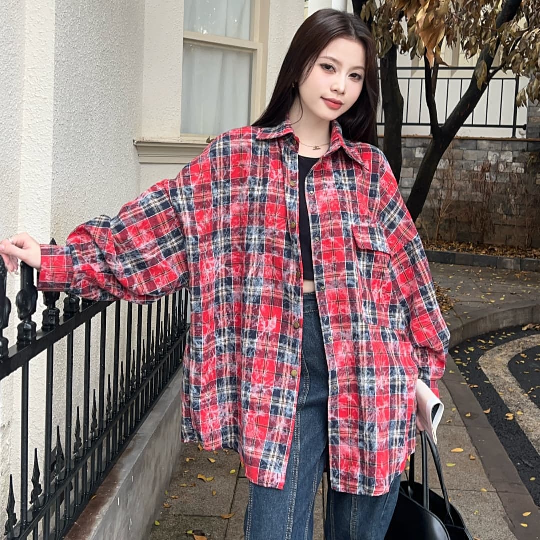 실사 한국 스타일 가을 화이트 낙서 격자 무늬 셔츠 게으른 oversize 긴팔 루즈핏 다용도 맨위 여성 코트