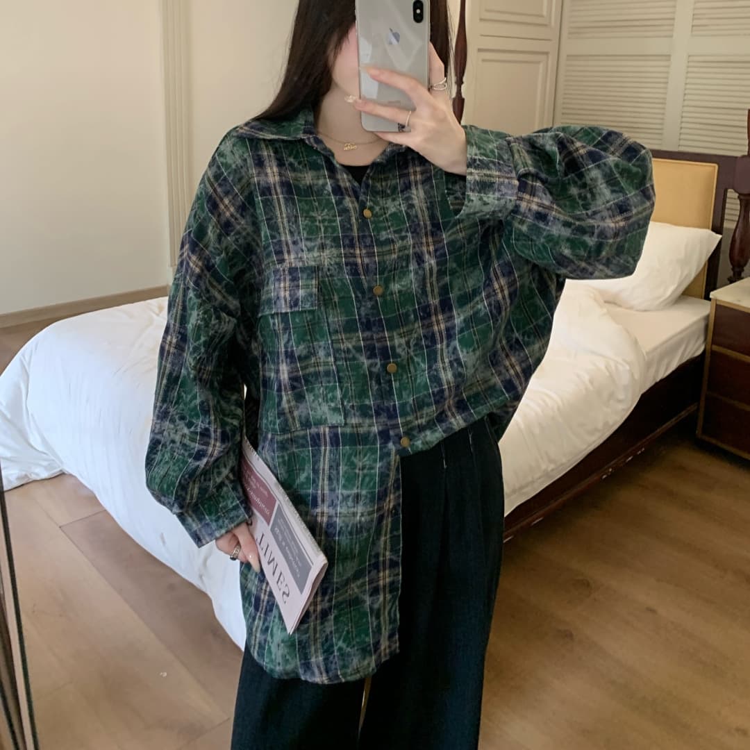 실사 한국 스타일 가을 화이트 낙서 격자 무늬 셔츠 게으른 oversize 긴팔 루즈핏 다용도 맨위 여성 코트 상세 이미지 13