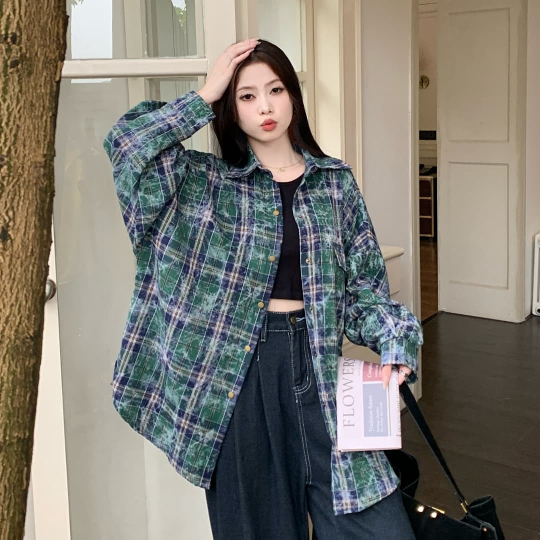 실사 한국 스타일 가을 화이트 낙서 격자 무늬 셔츠 게으른 oversize 긴팔 루즈핏 다용도 맨위 여성 코트 상세 이미지 15