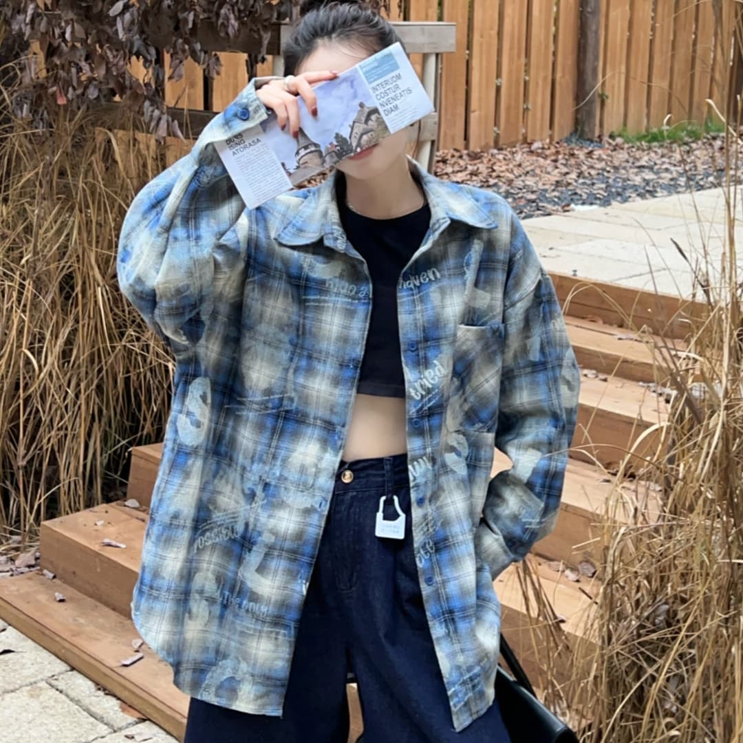 실사 한국 스타일 봄 가을 oversize 긴팔 화이트 알파벳 프린트 격자 무늬 셔츠 게으른 바람 루즈핏 여성 코트 상세 이미지 11