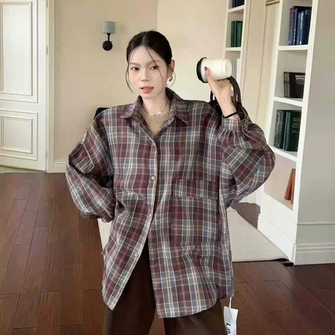 한국 스타일 봄 가을 oversize 빅 포켓 디자인 센스 격자 무늬 셔츠 루즈핏 하라주쿠 스타일 맨위 여성 코트 셔츠