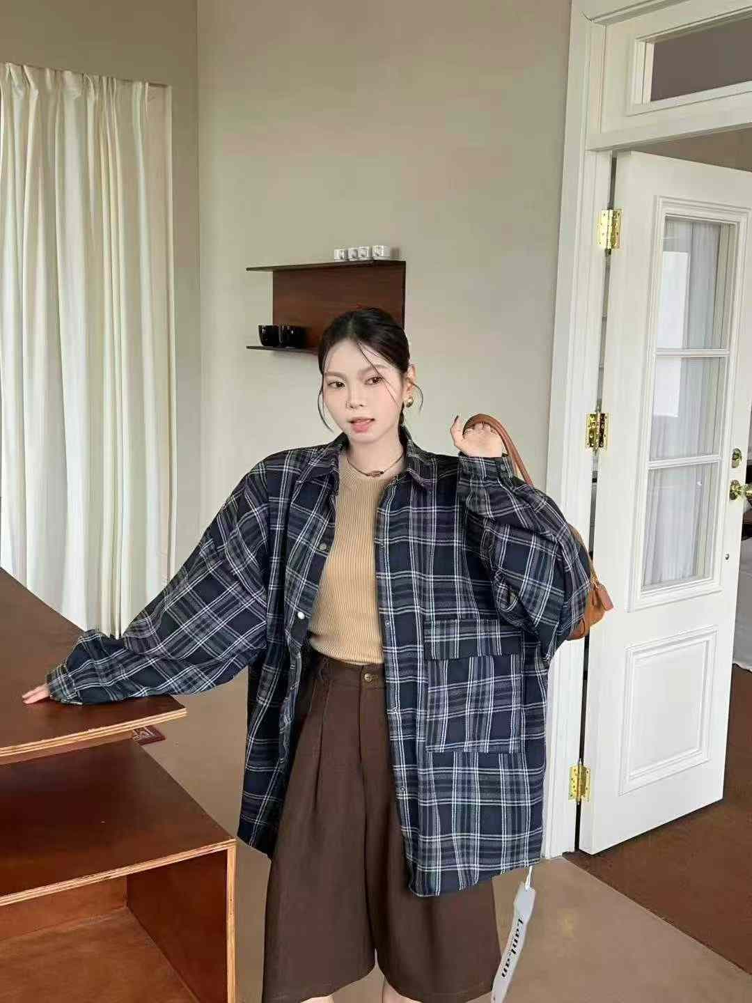 한국 스타일 봄 가을 oversize 빅 포켓 디자인 센스 격자 무늬 셔츠 루즈핏 하라주쿠 스타일 맨위 여성 코트 셔츠 상세 이미지 6