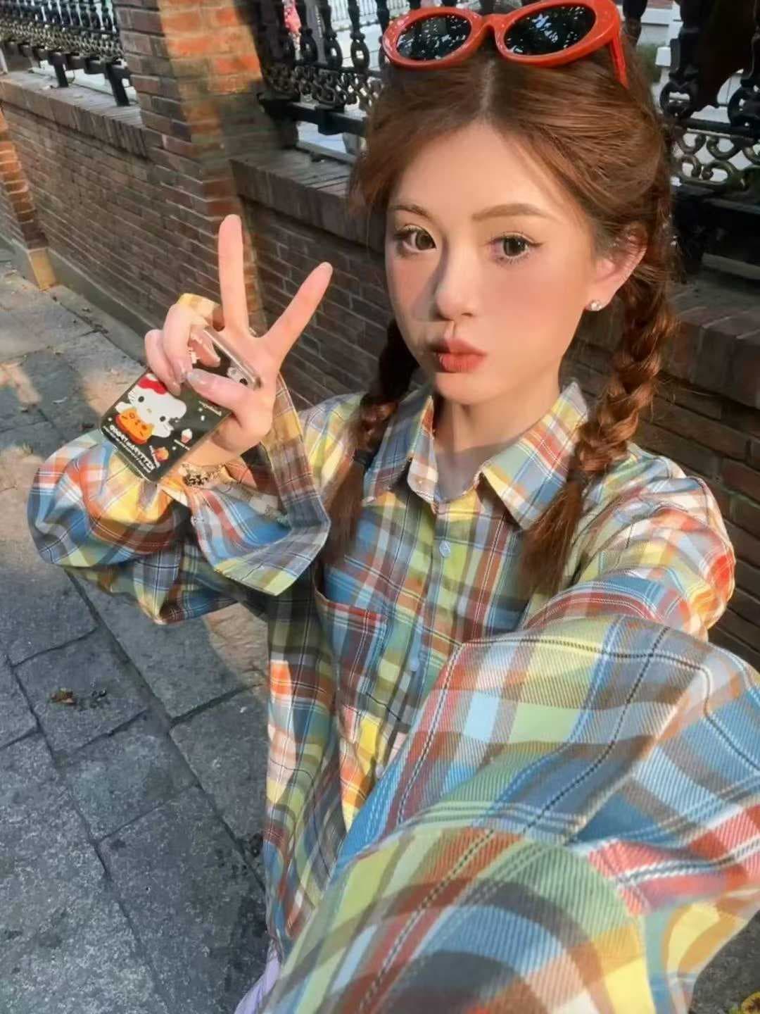 한국 스타일 봄 가을 클래식 체크무늬 빅 사이즈 셔츠 하라주쿠 스타일 캐주얼 긴팔 패션 다용도 셔츠 재킷 여성 셔츠 상세 이미지 3