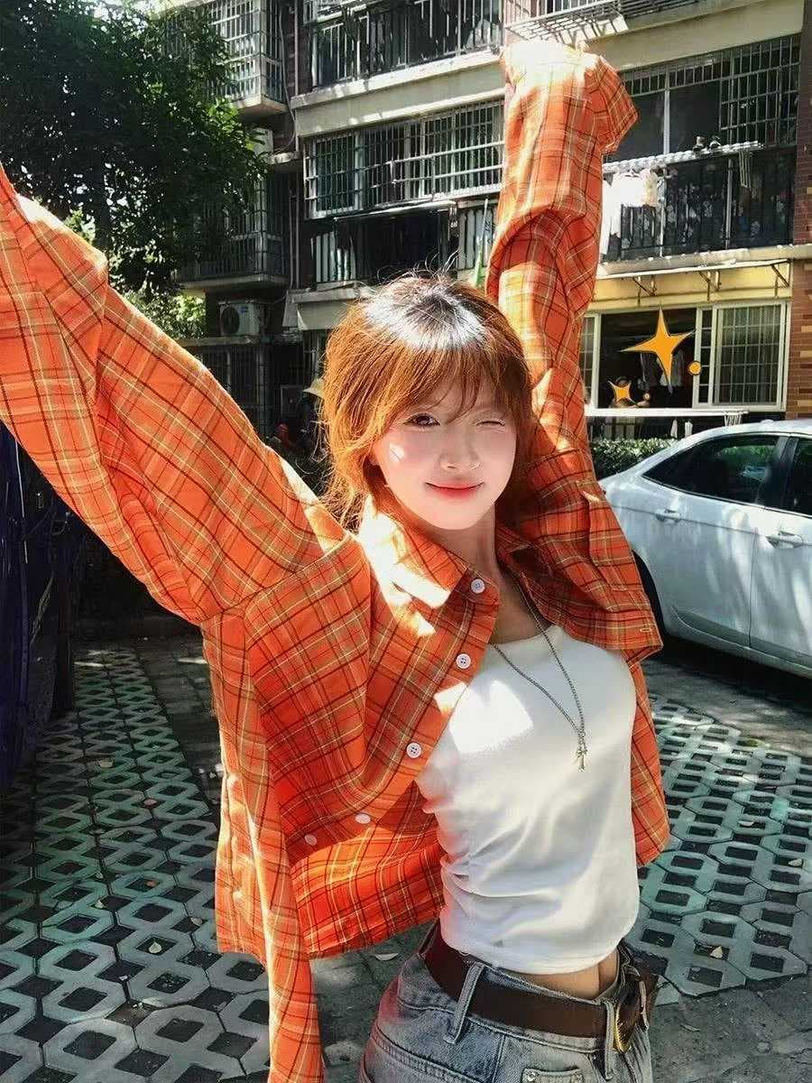 한국 스타일 봄 가을 클래식 체크무늬 빅 사이즈 셔츠 하라주쿠 스타일 캐주얼 긴팔 패션 다용도 셔츠 재킷 여성 셔츠 상세 이미지 6