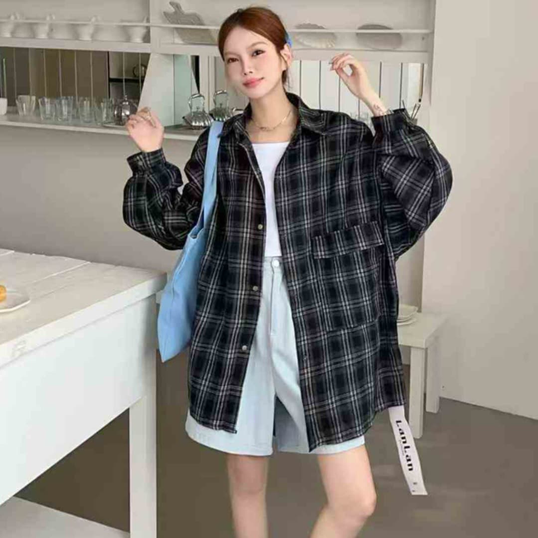 한국 스타일 가을 oversize 대 루즈핏 격자 무늬 셔츠 디자인 센스 캐주얼 루즈핏 맨위 여성 코트 셔츠 트렌디 이미지 5