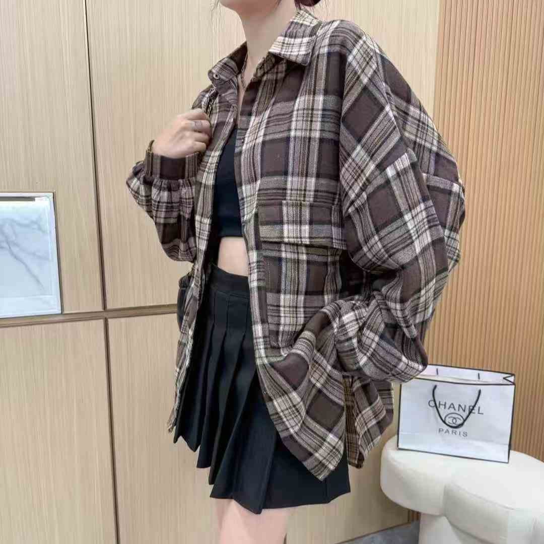 한국 스타일 봄 가을 빅 포켓 격자 무늬 셔츠 oversize 레트로 루즈핏 맨위 여성 재킷 캐주얼 긴팔 셔츠 이미지 4