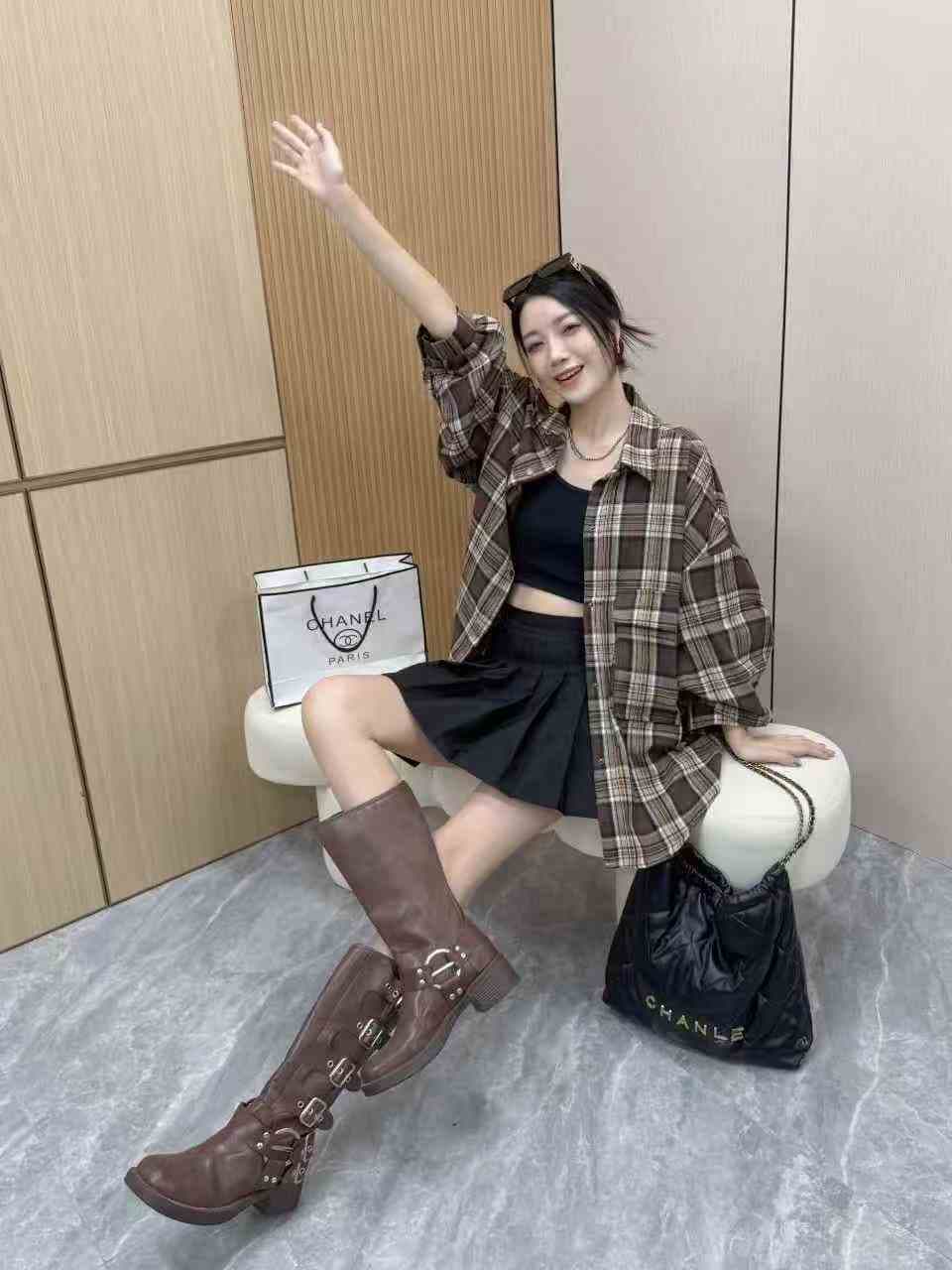한국 스타일 봄 가을 빅 포켓 격자 무늬 셔츠 oversize 레트로 루즈핏 맨위 여성 재킷 캐주얼 긴팔 셔츠 상세 이미지 1