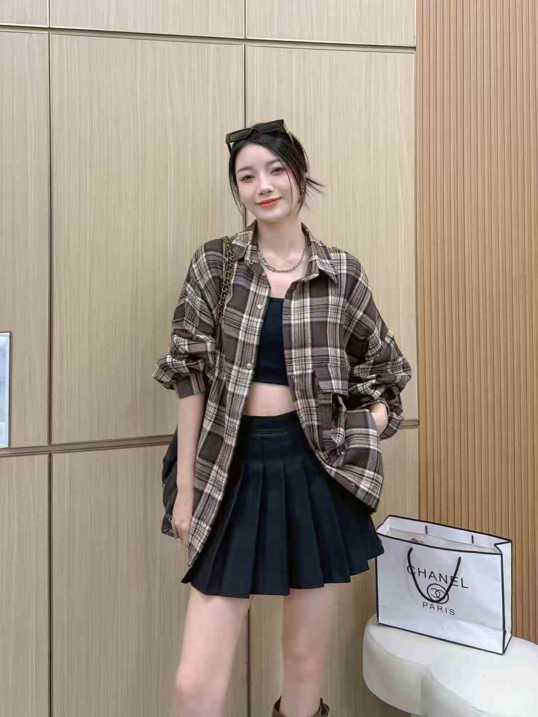 한국 스타일 봄 가을 빅 포켓 격자 무늬 셔츠 oversize 레트로 루즈핏 맨위 여성 재킷 캐주얼 긴팔 셔츠 상세 이미지 2