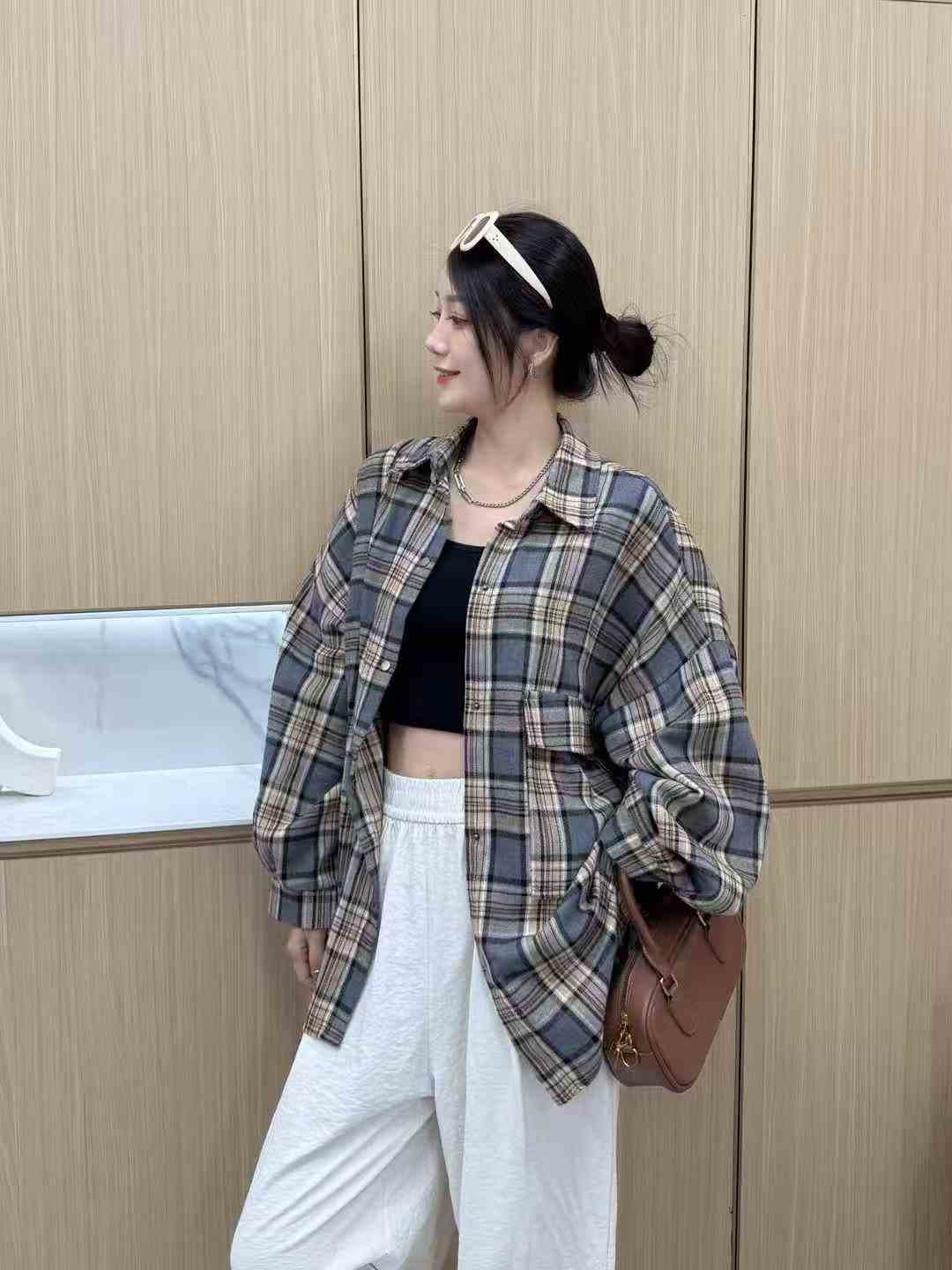 한국 스타일 봄 가을 빅 포켓 격자 무늬 셔츠 oversize 레트로 루즈핏 맨위 여성 재킷 캐주얼 긴팔 셔츠 상세 이미지 6