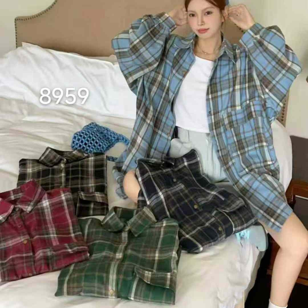 한국 스타일 가을 oversize 빅 포켓 격자 무늬 셔츠 디자인 센스 캐주얼 하라주쿠 스타일 맨위 여성 코트 셔츠 이미지 3