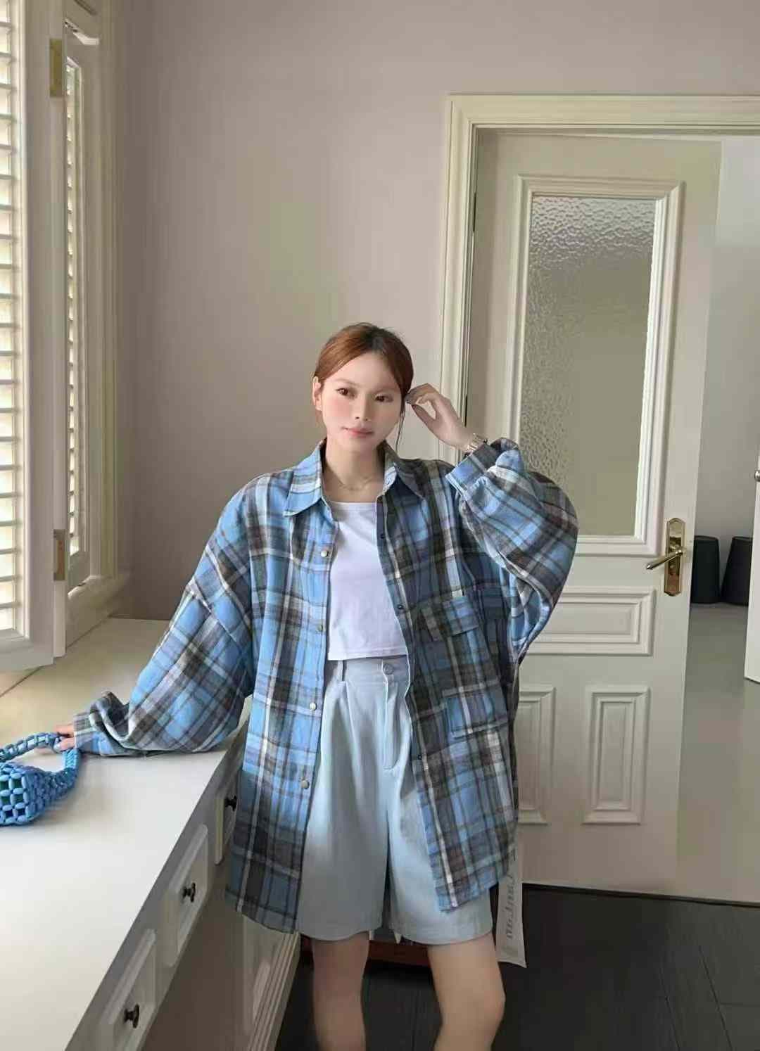 한국 스타일 가을 oversize 빅 포켓 격자 무늬 셔츠 디자인 센스 캐주얼 하라주쿠 스타일 맨위 여성 코트 셔츠 상세 이미지 1