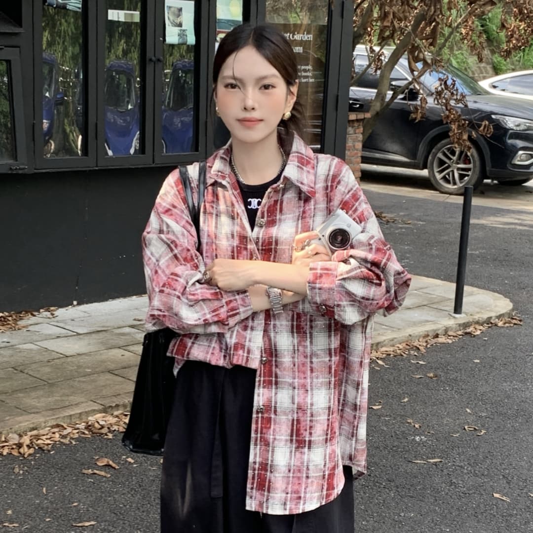 한국 스타일 가을 겨울 핫픽스 낙서 격자 무늬 셔츠 디자인 센스 긴팔 캐주얼 루즈핏 빅 사이즈 맨위 여성 코트 셔츠 상세 이미지 1