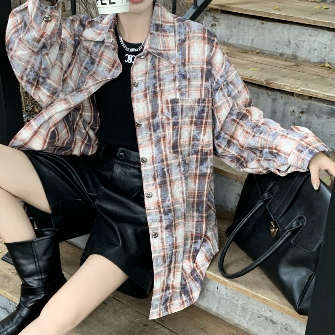 한국 스타일 가을 겨울 핫픽스 낙서 격자 무늬 셔츠 디자인 센스 긴팔 캐주얼 루즈핏 빅 사이즈 맨위 여성 코트 셔츠 상세 이미지 15