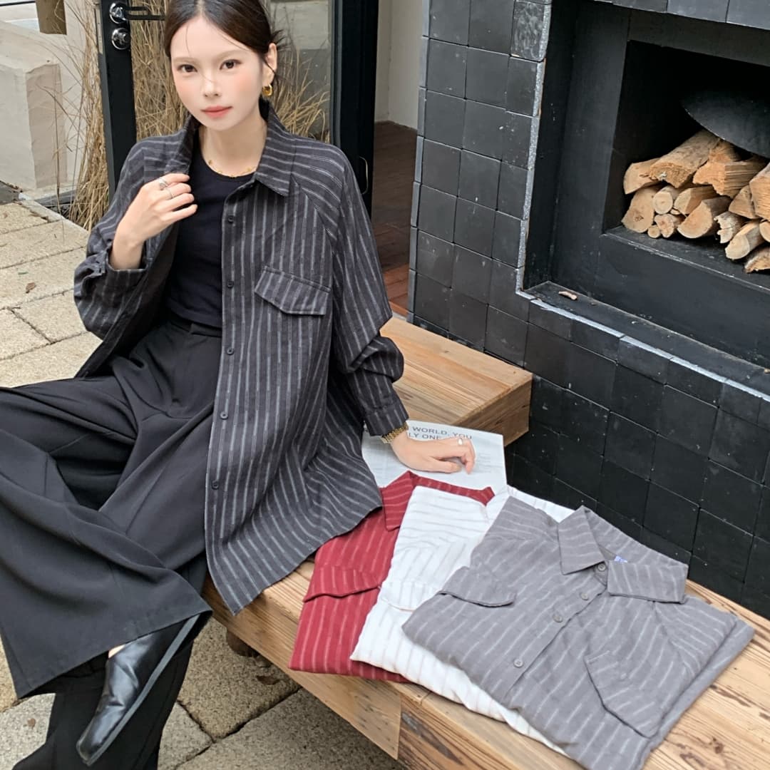 한국 스타일 봄 여름 oversize 스트라이프 셔츠 디자인 센스 가방 표지 긴팔 맨위 여성 코트 루즈핏 캐주얼 셔츠