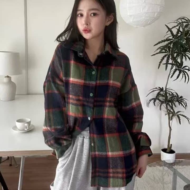 한국 스타일 가을 겨울 연삭 털 격자 무늬 셔츠 루즈핏 게으른 바람 캐주얼 chic 패션 클래식 긴팔 셔츠 여성 코트