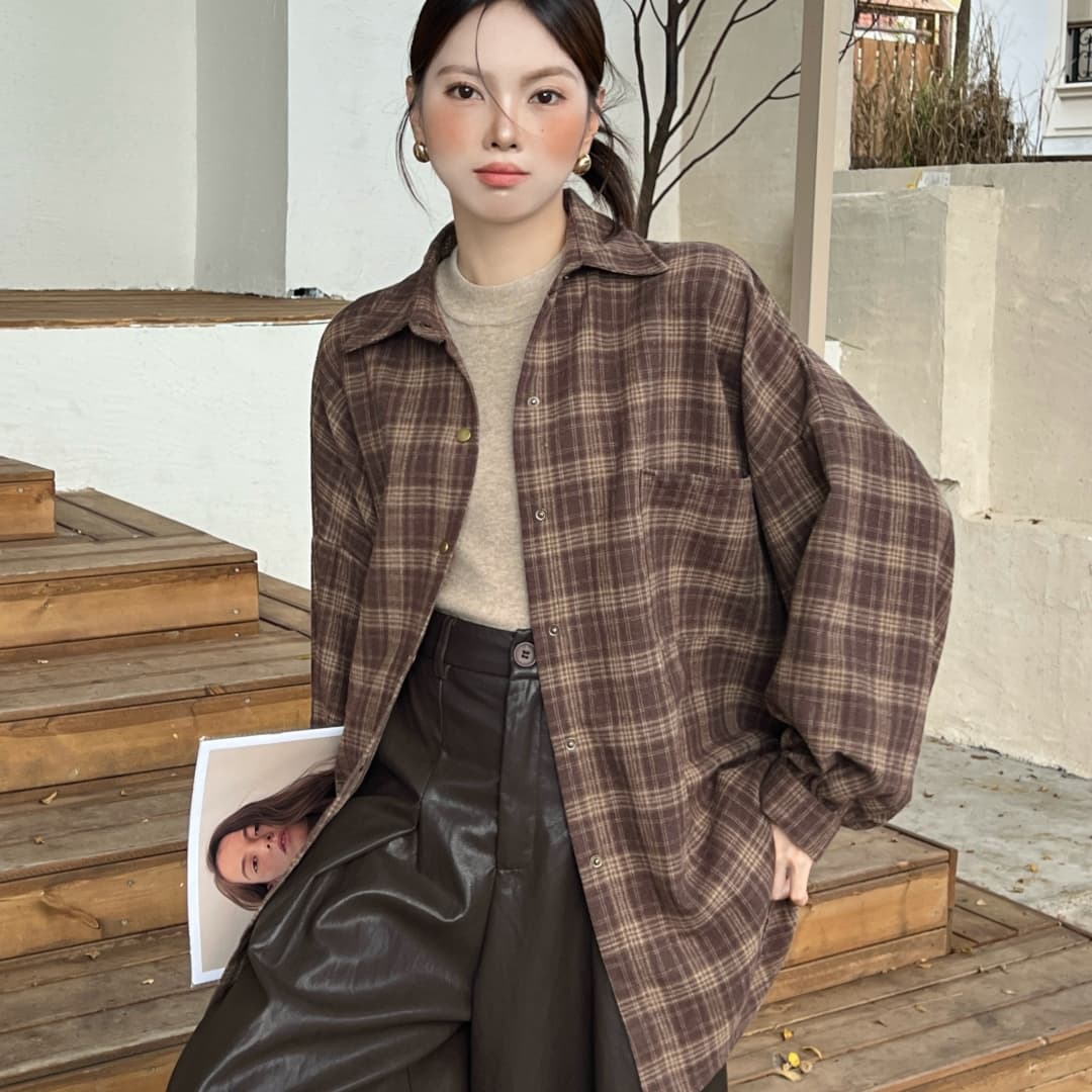 한국 스타일 봄 가을 빅 사이즈 루즈핏 클래식 격자 무늬 셔츠 하라주쿠 스타일 루즈핏 빅 사이즈 다용도 맨위 여성 코트 셔츠 상세 이미지 12