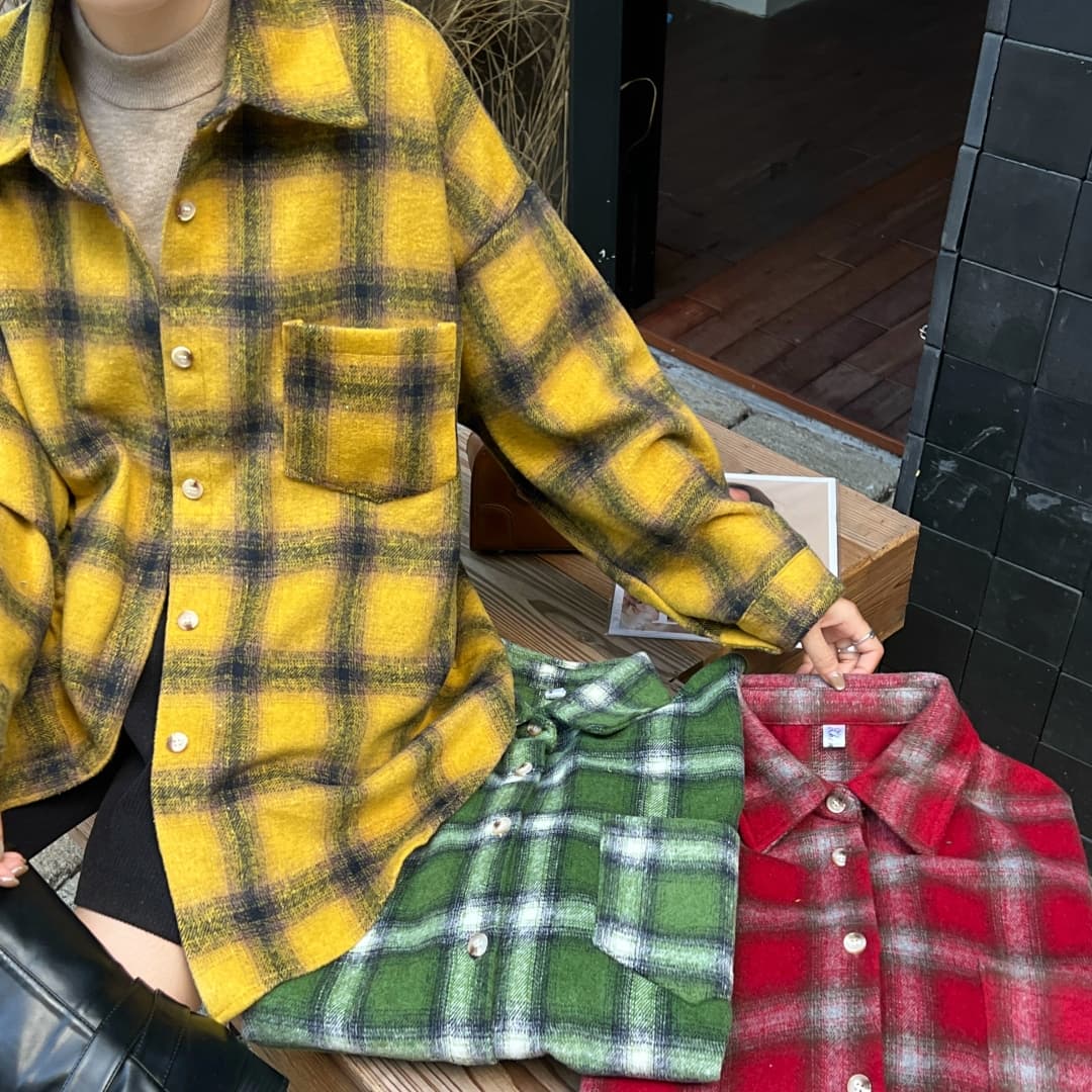 한국 스타일 가을 겨울 모직 격자 무늬 셔츠 oversize 루즈핏 게으른 바람 루즈핏 빅 사이즈 긴팔 셔츠 여성 코트 이미지 5