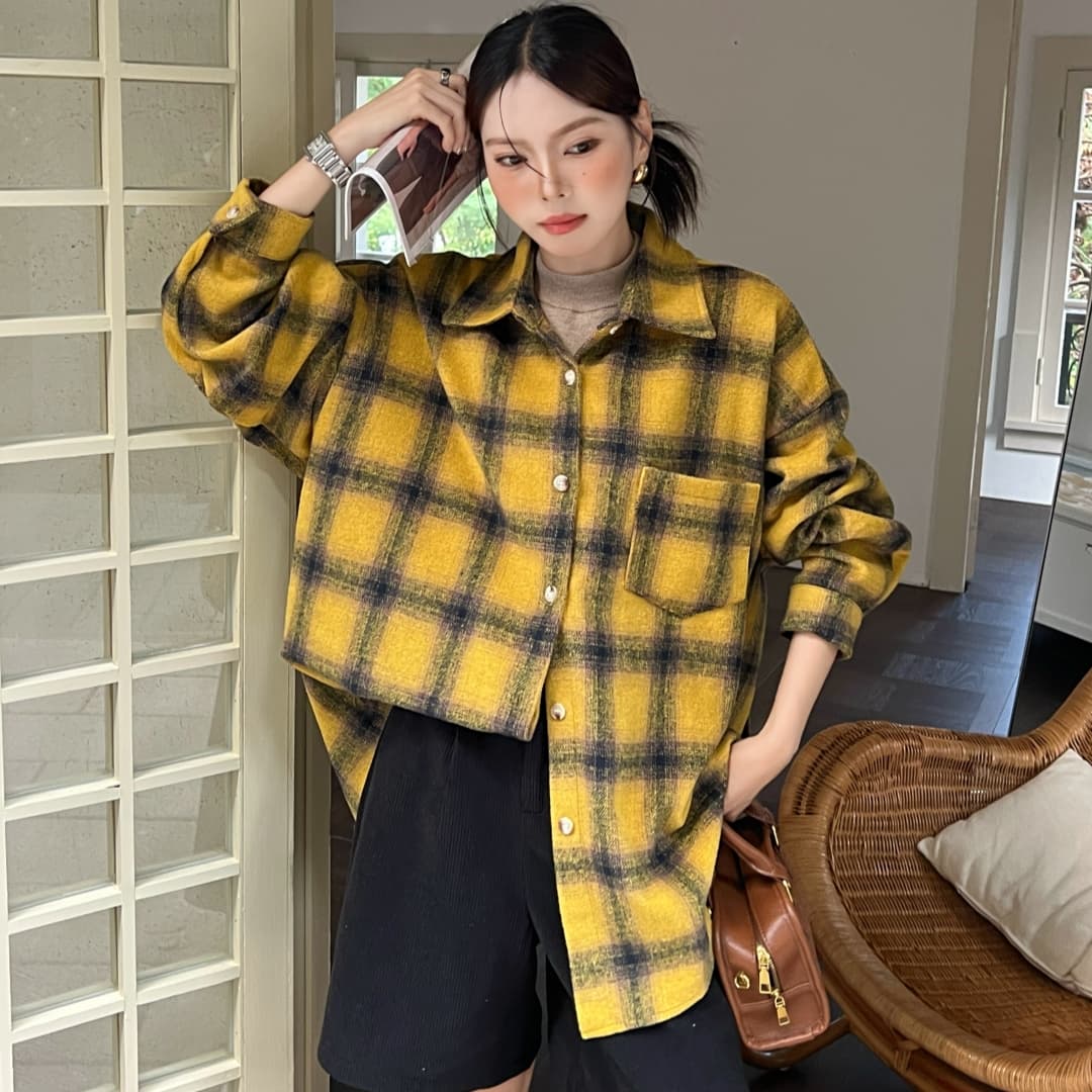 한국 스타일 가을 겨울 모직 격자 무늬 셔츠 oversize 루즈핏 게으른 바람 루즈핏 빅 사이즈 긴팔 셔츠 여성 코트 상세 이미지 2