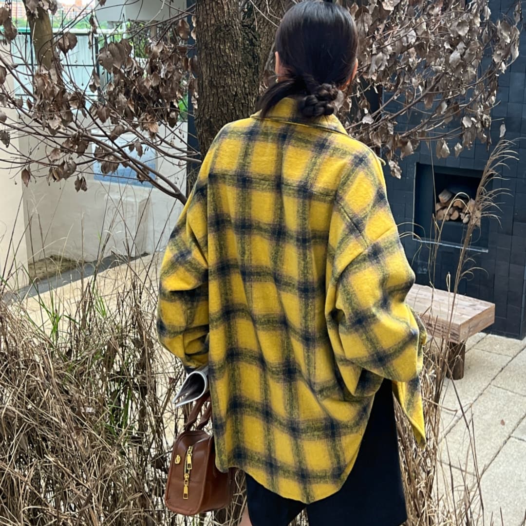 한국 스타일 가을 겨울 모직 격자 무늬 셔츠 oversize 루즈핏 게으른 바람 루즈핏 빅 사이즈 긴팔 셔츠 여성 코트 상세 이미지 3
