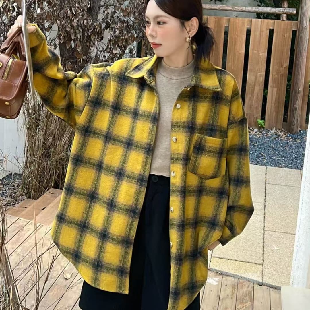 한국 스타일 가을 겨울 모직 격자 무늬 셔츠 oversize 루즈핏 게으른 바람 루즈핏 빅 사이즈 긴팔 셔츠 여성 코트 상세 이미지 4
