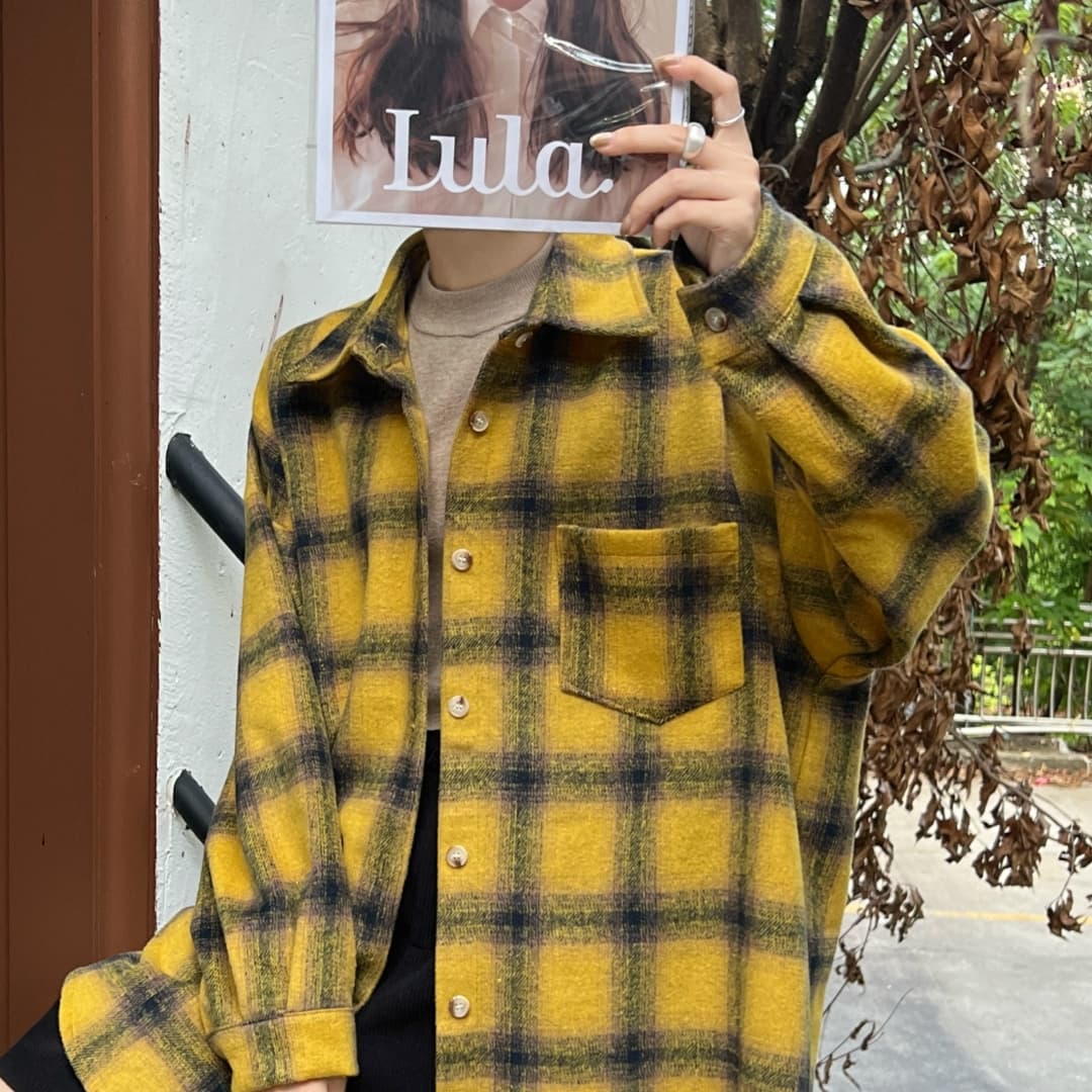 한국 스타일 가을 겨울 모직 격자 무늬 셔츠 oversize 루즈핏 게으른 바람 루즈핏 빅 사이즈 긴팔 셔츠 여성 코트 상세 이미지 5