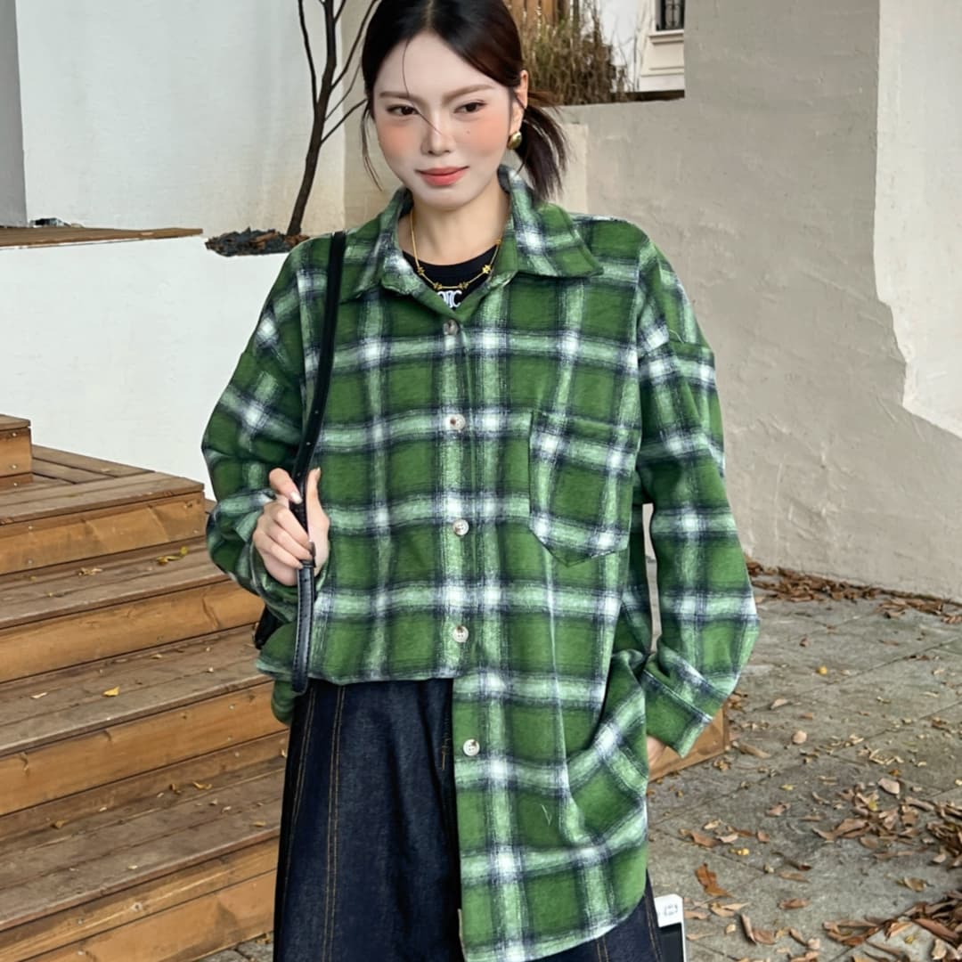 한국 스타일 가을 겨울 모직 격자 무늬 셔츠 oversize 루즈핏 게으른 바람 루즈핏 빅 사이즈 긴팔 셔츠 여성 코트 상세 이미지 7