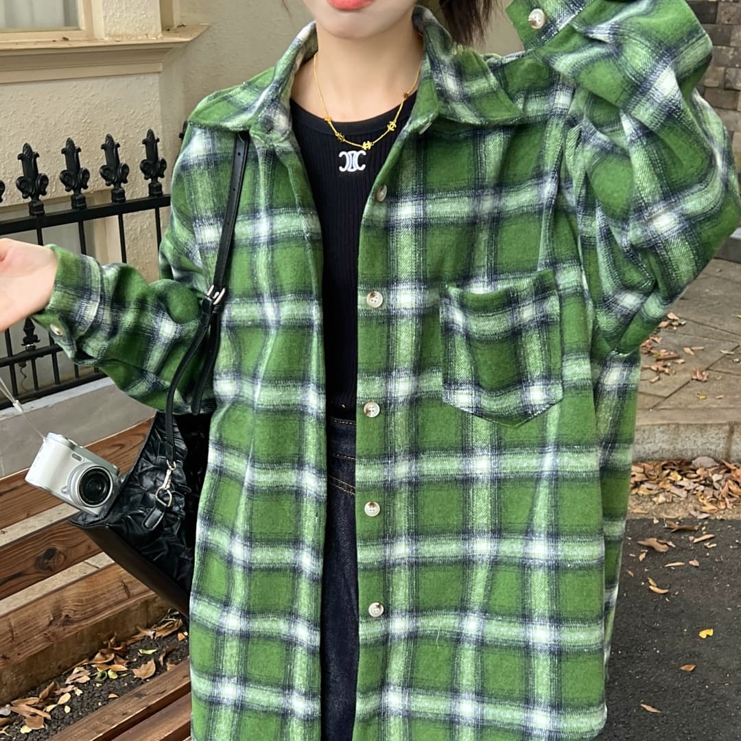 한국 스타일 가을 겨울 모직 격자 무늬 셔츠 oversize 루즈핏 게으른 바람 루즈핏 빅 사이즈 긴팔 셔츠 여성 코트 상세 이미지 8