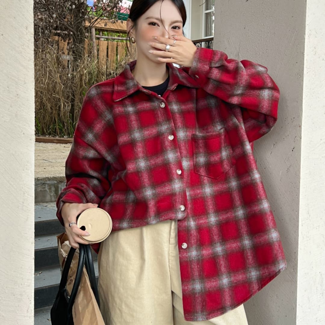 한국 스타일 가을 겨울 모직 격자 무늬 셔츠 oversize 루즈핏 게으른 바람 루즈핏 빅 사이즈 긴팔 셔츠 여성 코트 상세 이미지 12
