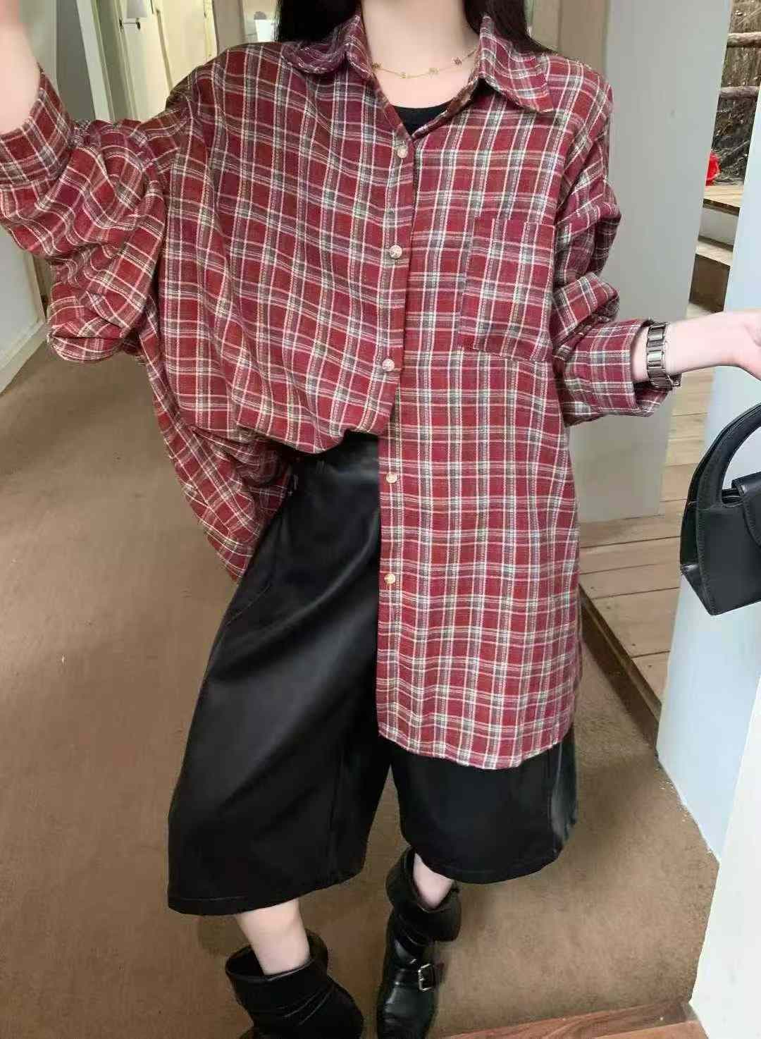 한국 스타일 봄 가을 연삭 털 격자 무늬 셔츠 하라주쿠 스타일 맨위 여성 코트 다용도 만나는 캐주얼 긴팔 맨위 트렌드 상세 이미지 1