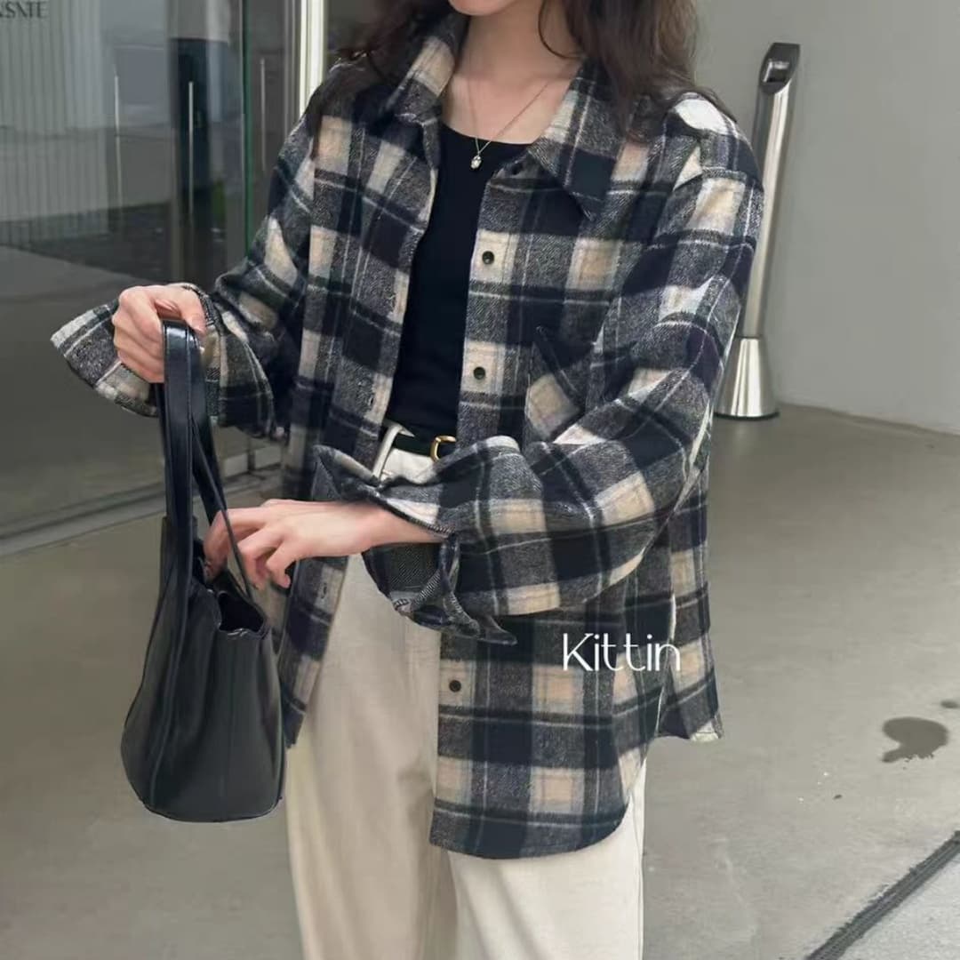 한국 스타일 가을 겨울 게으른 바람 모직 캐주얼 루즈핏 빅 사이즈 레트로 셔츠 작은 대중 캐주얼 긴팔 셔츠 여성 코트 상세 이미지 2