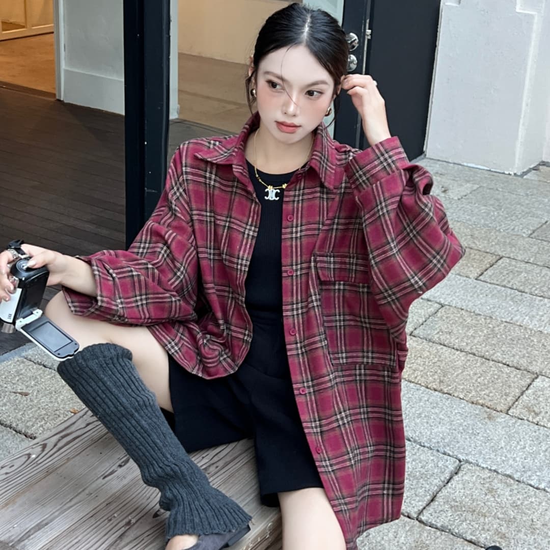 한국 스타일 가을 디자인 센스 캐주얼 격자 무늬 셔츠 빅 포켓 하라주쿠 스타일 루즈핏 게으른 캐주얼 맨위 여성 재킷 트렌디 이미지 2