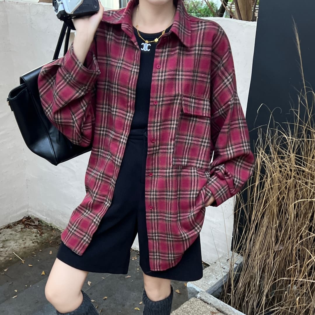 한국 스타일 가을 디자인 센스 캐주얼 격자 무늬 셔츠 빅 포켓 하라주쿠 스타일 루즈핏 게으른 캐주얼 맨위 여성 재킷 트렌디 이미지 5