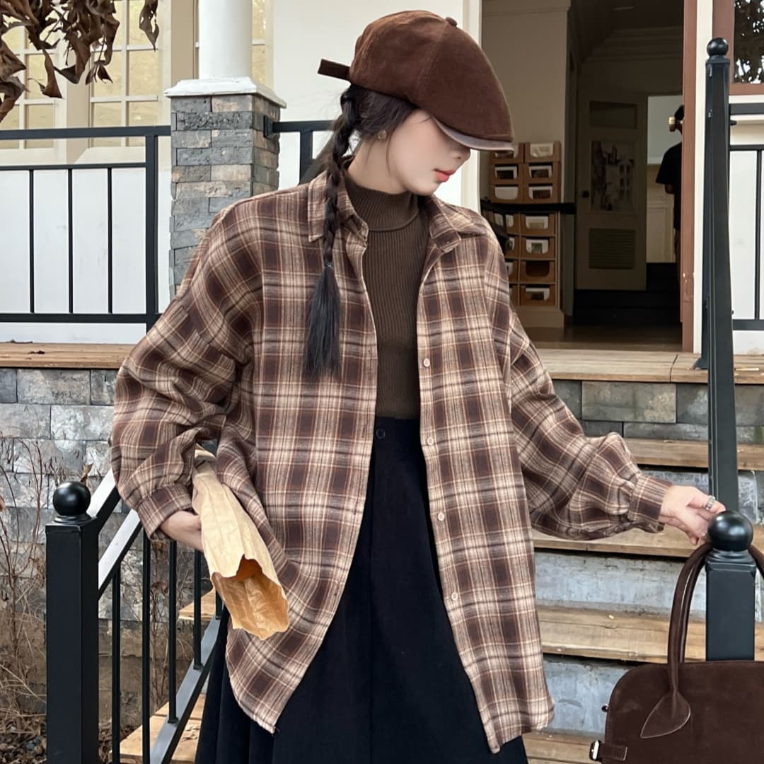 한국 스타일 봄 가을 루즈핏 oversize 긴팔 레트로 격자 무늬 셔츠 캐주얼 긴팔 맨위 여성 코트 셔츠 트렌디 이미지 2