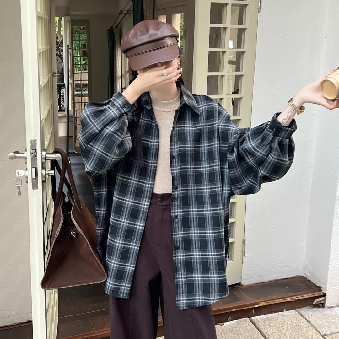 한국 스타일 봄 가을 루즈핏 oversize 긴팔 레트로 격자 무늬 셔츠 캐주얼 긴팔 맨위 여성 코트 셔츠 트렌디 상세 이미지 1